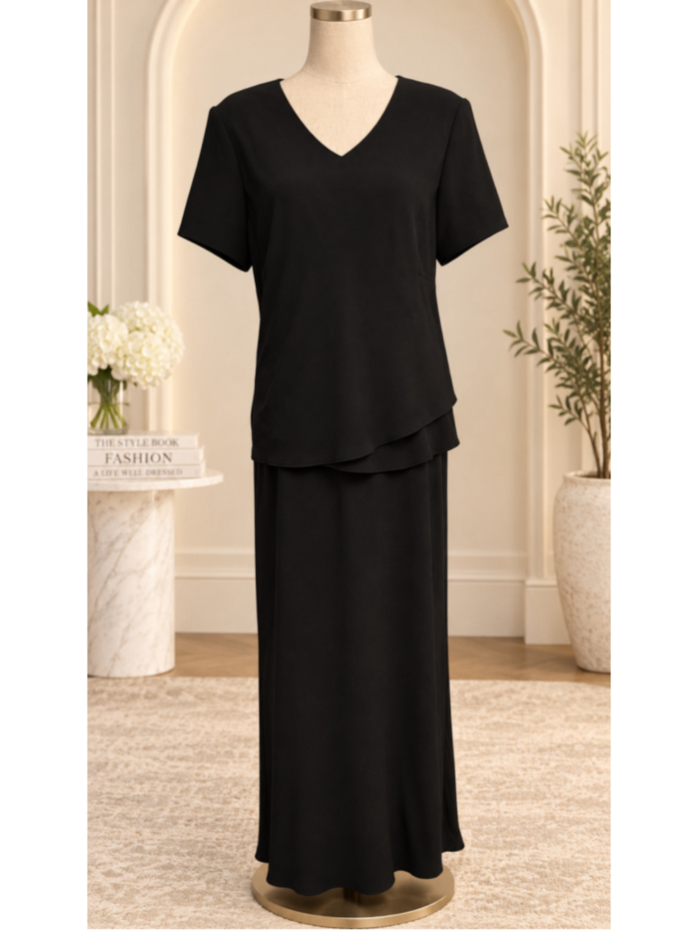 Vintage Talbots Black Layered Maxi Dress NWT Made USA V Neck Size 14